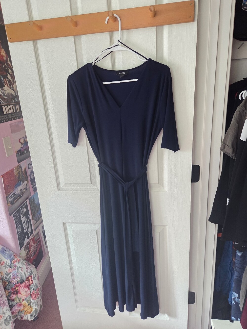 MSK Dark Navy V-Neck Long Dress with Tie Waist
